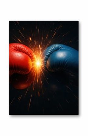 Dynamic clash between a powerful red boxing glove and a blue boxing glove captured at the moment of impact with explosive energy lines or particles radiating outwards on a dark background