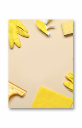 Frame made of products and supplies for cleaning on color background