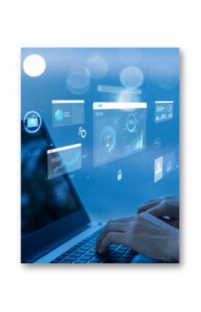 woman analyst uses a computer AI artificial intelligence and dashboard for data business analysis and Data Management System with KPI and metrics connected to the database for technology finance,