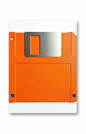 Bright orange floppy disk on white background. Retro tech storage object, magnetic data, computer medium. Isolated 3. 5 inch diskette. Digital data storage concept. Obsolete disk for office,