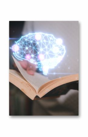 a man holding book and Glowing virtual brain icon in concept of knowledge is power. Self learning education knowledge and business studying concept. Idea of learning online class e-learning at home
