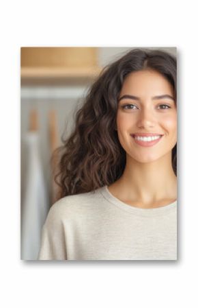 A smiling young woman with curly hair stands confidently in front of a wardrobe, portraying happiness and style.