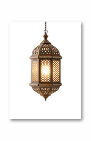 Ornate Moroccan-style brass lantern with intricate geometric patterns and warm glowing light suspended, isolated on a transparent background