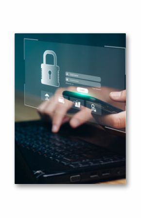 Cybersecurity login interface on laptop and smartphone, user accessing secure system with password authentication, digital data protection, identity verification, encrypted access control technology