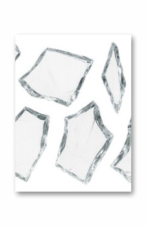 Multiple different sized and shaped clear glass pieces with irregular edges on transparent background.