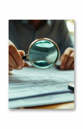 Business Auditor Examines Paperwork with Magnifying Glass for Fraud During Corporate Tax Audit