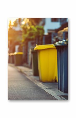 Colorful trash and recycling bins lined up in a suburban neighborhood at sunset. 
