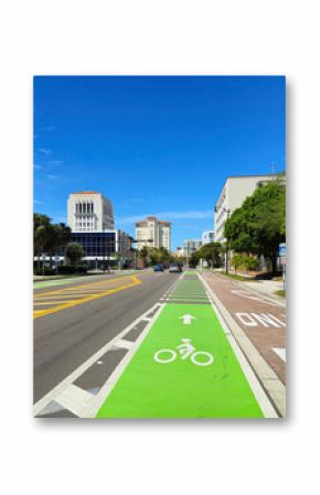 Bicycle lane at city traffic in Sarasota, Florida, promoting cyclist safety and environmentally friendly transportation