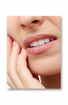 Close up of a young woman suffering from a strong toothache, touching her cheek with her hand, showing white teeth and experiencing dental pain, isolated on transparent background
