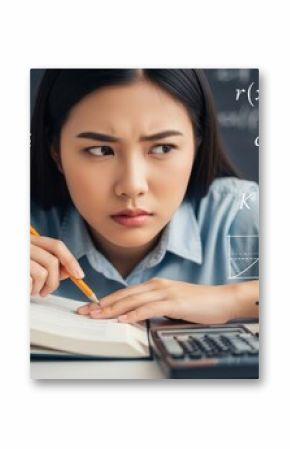 Asian student solving math equations with pencil and calculator