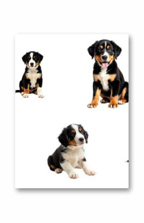puppy portraits of a large Swiss mountain dog breed in various poses and expressions isolated on a transparent background showcasing their playful and adorable nature