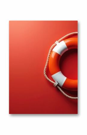 Red lifebuoy on red background. Lifesaving equipment, emergency flotation device, help, rescue, safety concept. Marine, seaside, coastal, summer, vacation concepts.