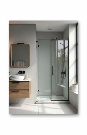 Modern bathroom interior design with glass shower, sink, window. Stylish, elegant minimalist design with natural light. Clean, sleek, spacious, comfortable, home renovation, spa, relaxation theme.