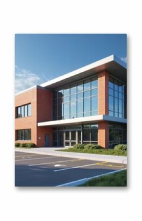 Modern school building exterior with parking lot. Brick facade, large glass windows. Green grass lawn, trees, clear blue sky. Education concept, back to school theme, learning environment.