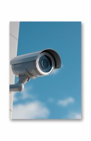 Modern surveillance camera mounted outdoors, capturing clear images against a blue sky and white clouds.