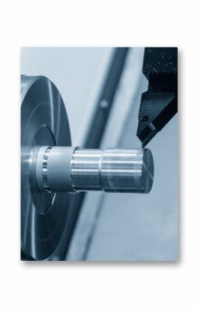 The CNC lathe machine forming cutting the metal shaft parts in the light blue scene.