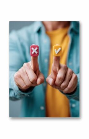 Modern business decision making concept with check and cross symbols on virtual interface, digital voting choice for consulting and crisis management