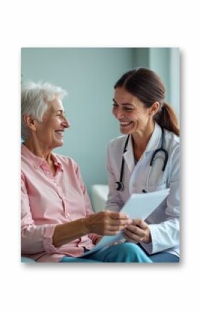 Happy doctor consults senior patient at medical checkup. Smiling old woman and friendly physician sit on couch, reviewing good analysis results. Medicine concept.