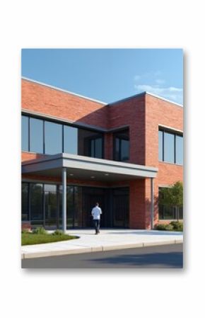 Modern medical office building exterior. Brick corporate facility for headquarters. Pro workplace environment, health care clinic. Clean, contemporary architecture, inviting medical center for