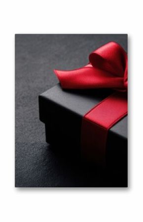 The elegant black gift box adorned with a vibrant red ribbon.
