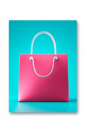 Rosa Einkaufstasche mit Griffen auf türkisfarbenem Hintergrund im minimalistischen Stil