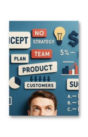 Business concept planning with charts, diagrams, and keywords on blue background, representing strategy, growth, and success in abstract style.