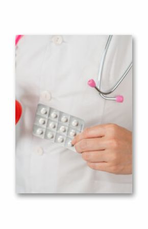 Doctor with rainbow bracelet holding heart and blister of pills. Concept of health care during gender transition. 