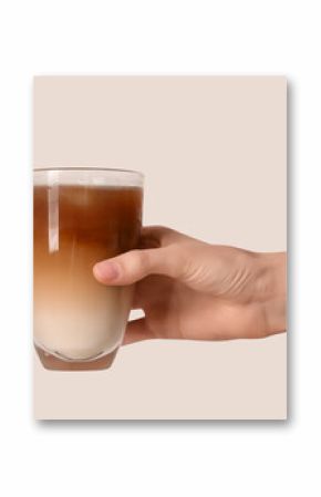 Female hand with glass of iced latte on white background