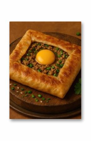 The preparation of a savory stuffed pastry filled with egg, meat, and spices, cooked on a pan
