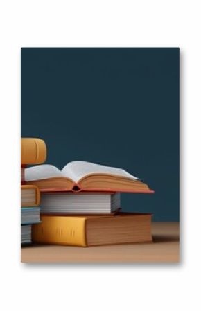 Stack of colorful books and open book on wooden table against blue background