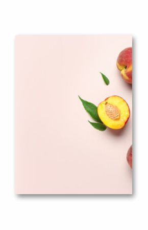 Sweet peaches and leaves on beige background