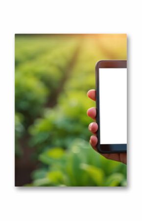 Man holds smartphone with blank white screen in organic vegetable farm field. Use for app info, advertising. Sunny day, green plants, farming technology, agriculture business, food growth.