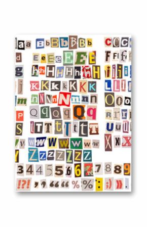 Collage of cut-out letters, numbers, and symbols on white.