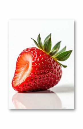 Juicy red strawberry with fresh bite taken, bright vibrant color, detailed texture, green leaves. Natural summer fruit, healthy snack, organic produce for dessert, culinary use.