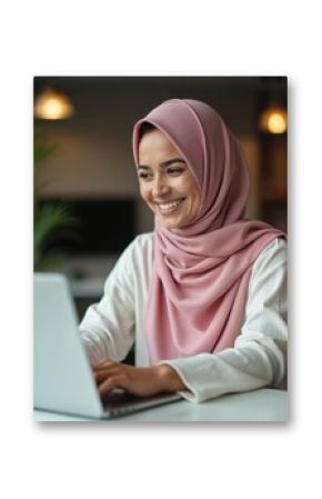 Young Muslim woman in pink headscarf works on laptop in bright office. Smiles typing, suggesting positive work environment, successful task completion. Scene modern pro woman engaged in career,