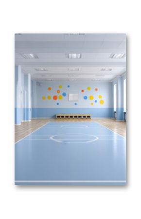 Large, bright, and empty preschool gym with colorful dots on the wall and a light blue floor, ready for children's activities