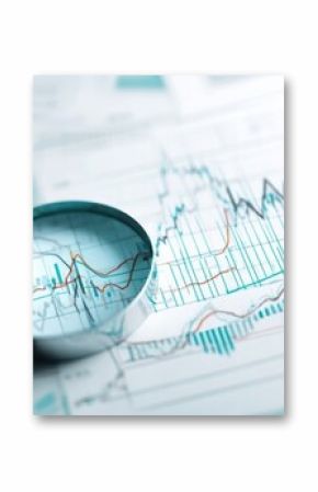 The magnifying glass highlighting financial data and market trends on paper.