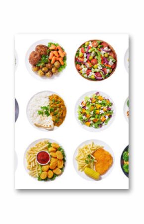 set of various plates of food isolated on transparent background, top view