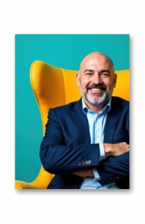 A confident middle-aged man in a suit sits with arms crossed on a bright yellow chair against a teal background