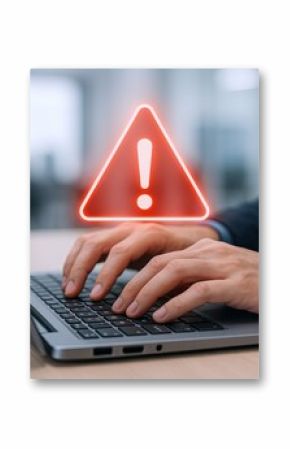 Businessman urgent warning alert notification icon warning symbol on laptop digital screen.
