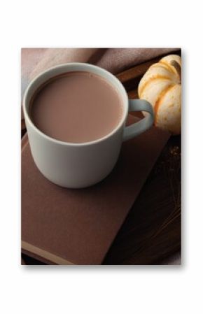 Cozy autumn arrangement with hot chocolate mug, book, and pumpkin on plaid blanket
