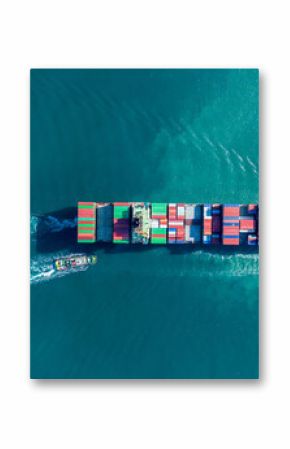 Aerial of cargo ship carrying container for export cargo from cargo yard port to other ocean concept smart freight shipping ship top view