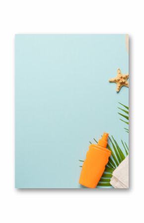 Summer flat lay background on blue.