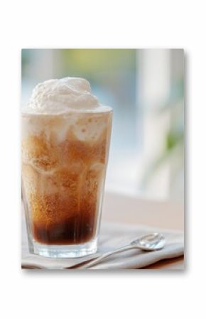 Root Beer Float on Modern Café Table with Neutral Napkin and Spoon