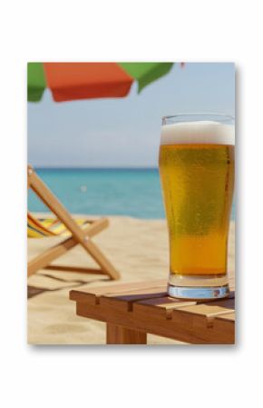 Close-up of frosty beer and chips on wooden beach table by turquoise sea.