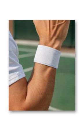 Blank white sport wristband on male hand mockup, ai generated