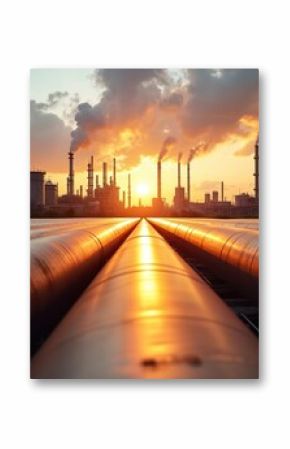 Massive industrial pipes stretch towards factory complex against dramatic sunset sky with smoke plumes. Reflective surfaces of pipes gleam under warm sunlight. Represents energy distribution,