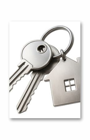 Two metallic keys on a keyring with a house-shaped keychain on transparent background.