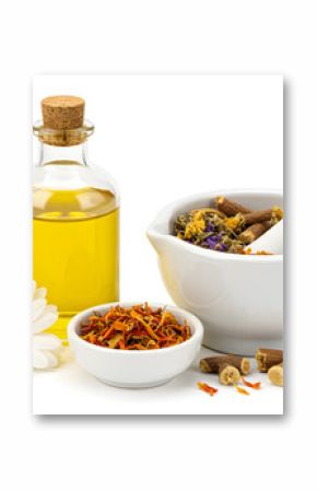 Natural Medicine Still Life – Golden Oil, Herbs & Daisy Composition