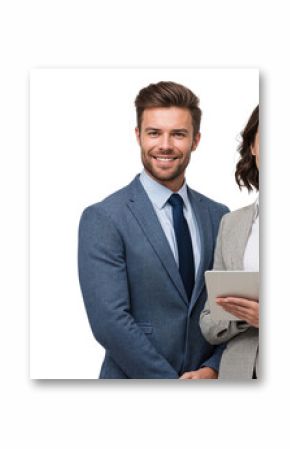 Two smiling, confident business partners or business people standing together and holding a tablet, isolated on transparent background